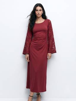 Outzidr - Maroon Polyester Square Neck Solid A-Line Dress
