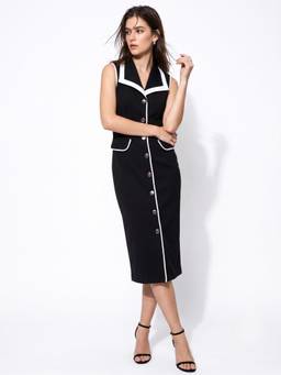 Outzidr - Black Contrast Collared Button Down Dress