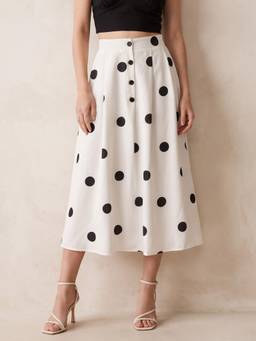 Outzidr - White High Waist Polka Printed Skirt