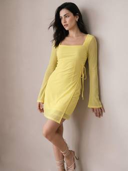 Outzidr - Yellow Full Sleeve Wrap Dress