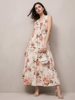 Outzidr - Cream V-Neck Floral Printed Dress