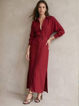 Outzidr - Red Shirt Maxi Dress with Side Slit