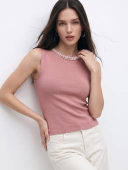 Outzidr - Pink Pearl Studded Tank Top