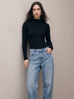 Outzidr - Black Textured High Neck Flat Knit Top