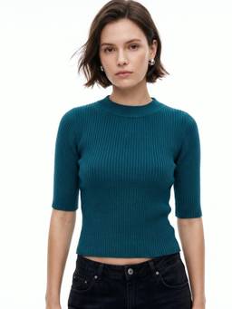 Outzidr - Teal High Neck Knitted Top