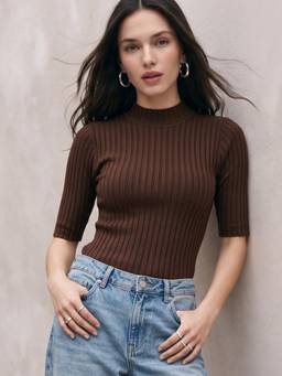 Outzidr - Brown High Neck Knitted Top
