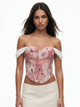 Outzidr - Pink Off Shoulder Printed Corset Top
