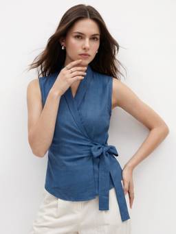 Outzidr - Blue Lapel Collar Wrap Top with Side Tie Detail