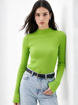 Outzidr - Lime Green High Neck Flat Knit Top