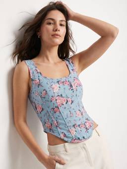 Outzidr - Blue Floral Printed Corset
