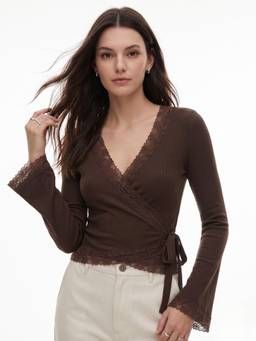Outzidr - Brown Wrap Tie Up Textured Top