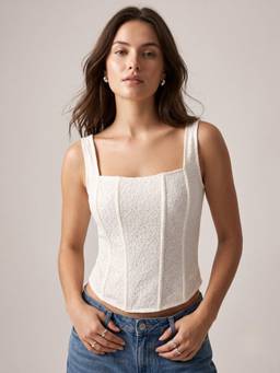 Outzidr - Off-White Square Neck Lace Corset - Off White