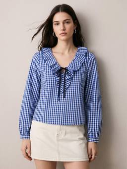 Outzidr - Blue V-Neckline Checkered Crop Top