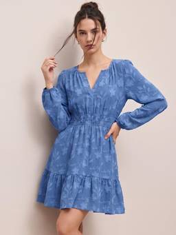 Outzidr - Blue Full Sleeves Floral V-Neck Fitted Dress