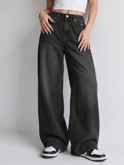 Outzidr - Women Black Polyester Solid Wide Jeans