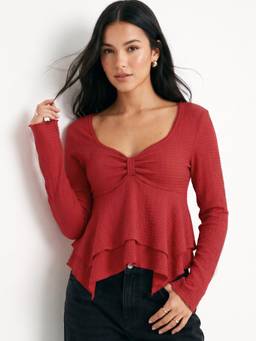 Outzidr - Red Sweetheart Neckline 2 Tiered Top