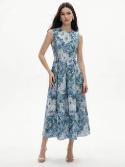 Outzidr - Blue High Neck Printed Gazetted Maxi Dress
