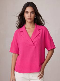 Outzidr - Pink Stylized Collar Relaxed Top
