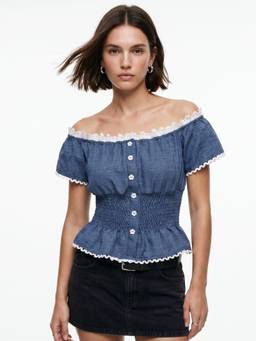 Outzidr - Blue Cinched Waist Puff Sleeved Top