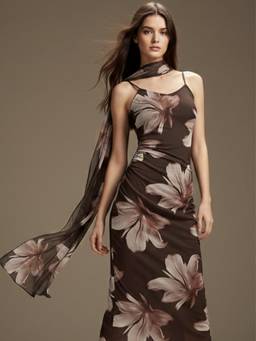 Outzidr - Women Brown Polyester Floral Bodycon Midi Dress with Scarf