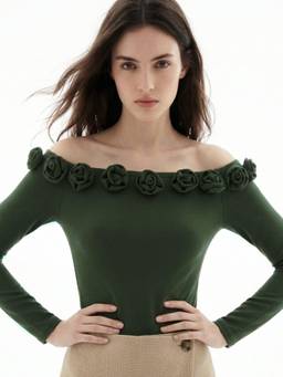 Outzidr - Olive Off-Shoulder Full Sleeved Top With Floral Embellishments
