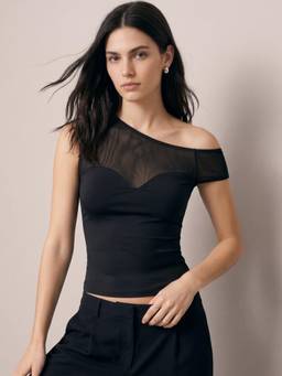 Outzidr - Black One Shoulder Mesh Bodysuit