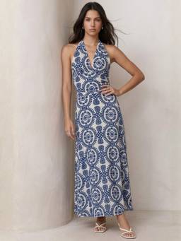 Outzidr - Blue Halter Neck Printed Dress