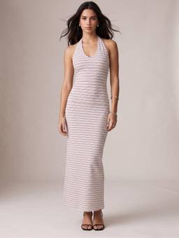 Outzidr - White Halter Neck Striped Dress