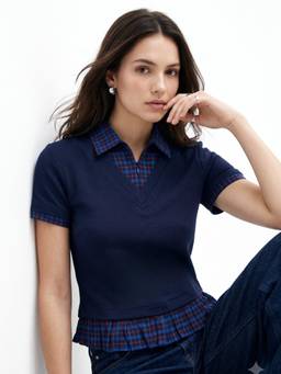 Outzidr - Navy Blue Polyester Full Sleeves Collar Neck Top