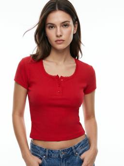 Outzidr - Red Semi Button Down Square Neck Top