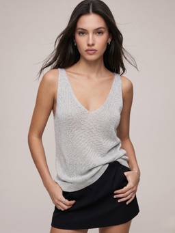 Outzidr - Women Silver Polyester Embellished Tank Top
