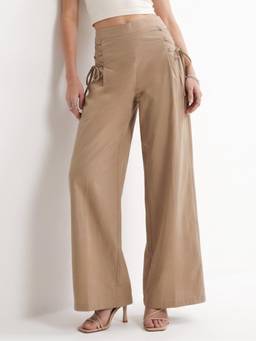 Outzidr - Beige High Waist Side Tie Wide Leg Casual Trousers