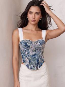 Outzidr - Grey Off Shoulder Printed Corset