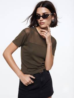Outzidr - Brown Short Sleeve Mesh Top