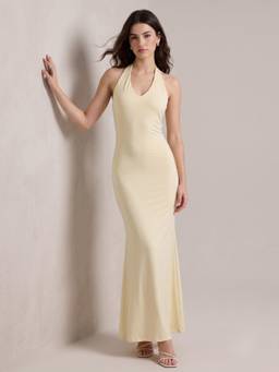 Outzidr - Cream Halter Neck Fitted Dress