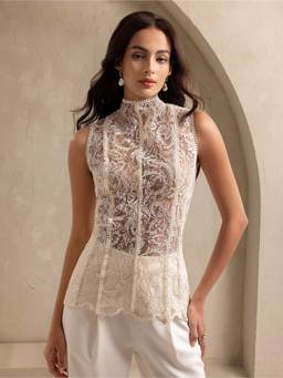 Outzidr - Women Off White Lace Mock Neck Top
