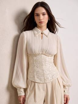 Outzidr - Women Off White Balloon Sleeve Corset Fitted Top