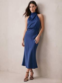 Outzidr - Navy Blue High Neck Flared Dress