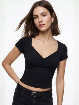 Outzidr - Black Slim Plunge Neck Cap Sleeve Top