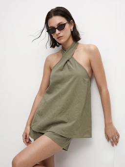 Outzidr - Olive Halter Neck Relaxed Co-Ord Set