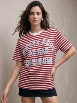 Outzidr - Women Oversized Striped Printed T-Shirt