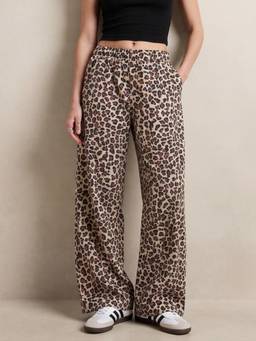 Outzidr - Brown Animal Print Wide Leg Joggers
