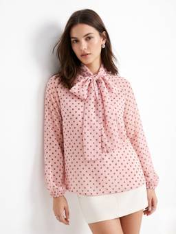 Outzidr - Pink Polka Dotted Relaxed Blousson Top