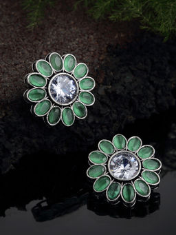 PANASH - Oxidized Silver -Toned Green Stone-Studded Floral Stud Earrings