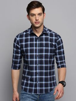 SHOWOFF - Mens Spread Collar Checked Navy Blue Classic Shirt