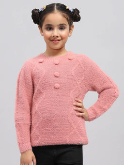 Monte Carlo - Girls Self Design Pink Round Neck Full Sleeve Sweater