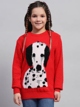Monte Carlo - Girls Self Design Red Round Neck Full Sleeve Sweater