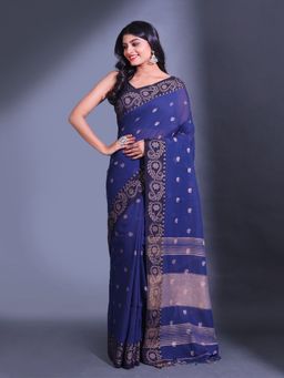 CHARUKRITI - Blue Cotton Blend Handwoven Contrast Pallu Saree with Unstitched Blouse