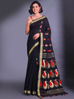 CHARUKRITI - Black Cotton Blend Handwoven Paisley Design Saree with Unstitched Blouse