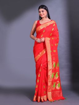 CHARUKRITI - Red Cotton Blend Handwoven Paisley Design Saree with Unstitched Blouse
